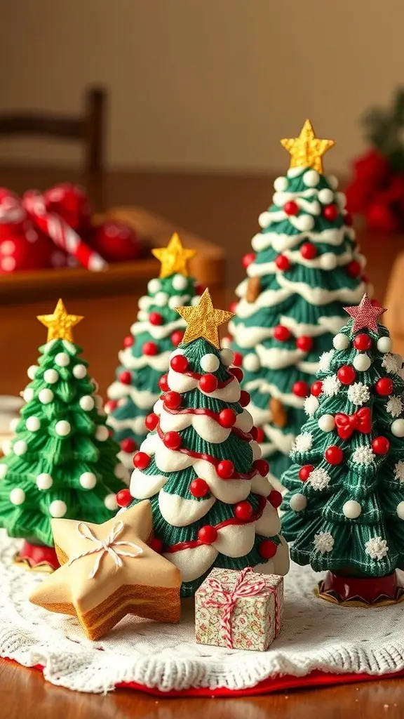 A festive display of decorated Christmas tree cakes with colorful icing and sprinkles.