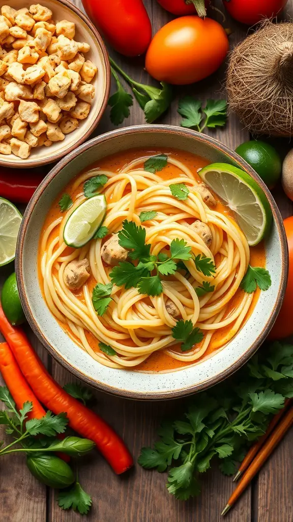 A bowl of coconut curry noodles garnished with lime and cilantro, surrounded by fresh vegetables.