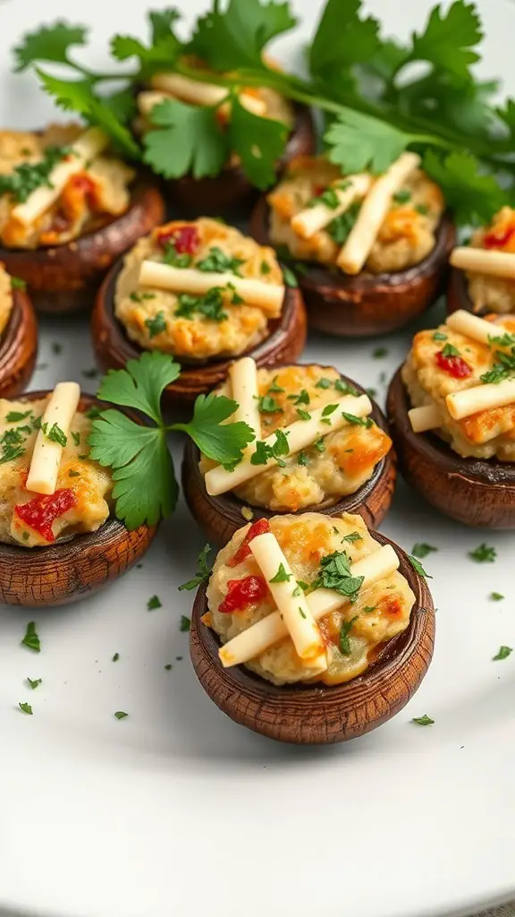 A plate of savory stuffed mushrooms topped with cheese and herbs.