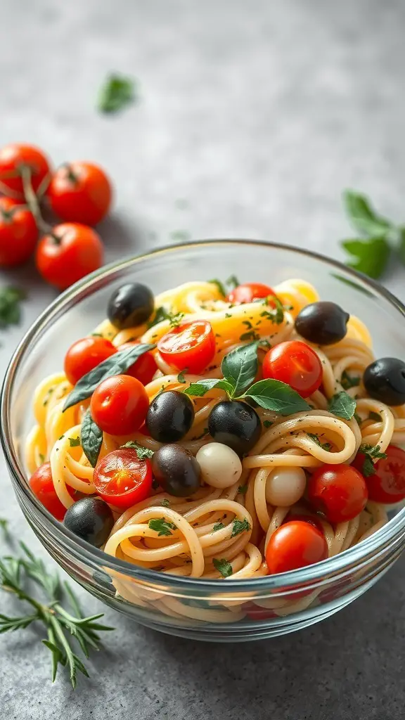 A bowl of pasta salad with cherry tomatoes, olives, and fresh herbs.
