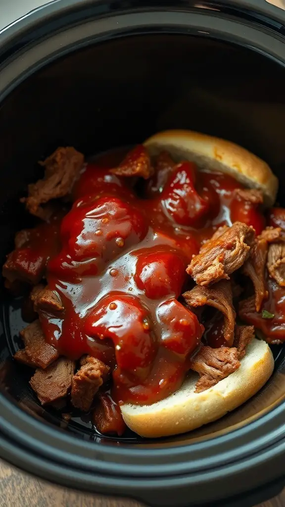 BBQ pulled pork sandwich in a crockpot with sauce