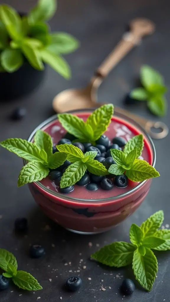 A colorful acai bowl topped with fresh mint leaves and blueberries.