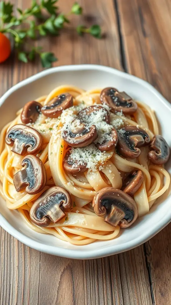 A plate of fettuccine pasta topped with mushrooms and cheese, served in a white bowl.