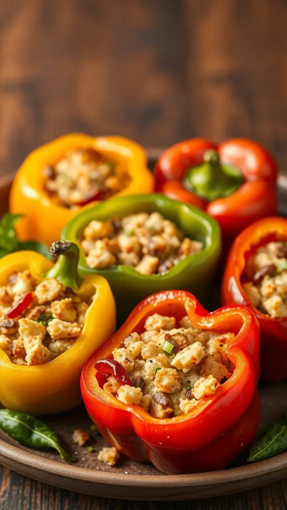 Colorful stuffed bell peppers filled with bread mixture on a wooden plate.