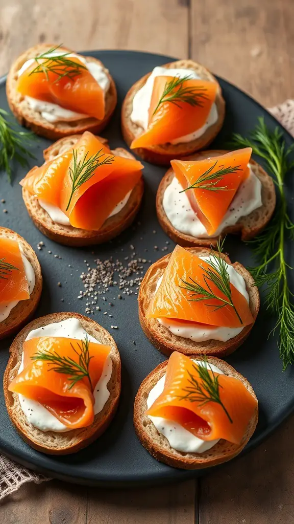 A plate of smoked salmon canapés topped with dill on a wooden table.