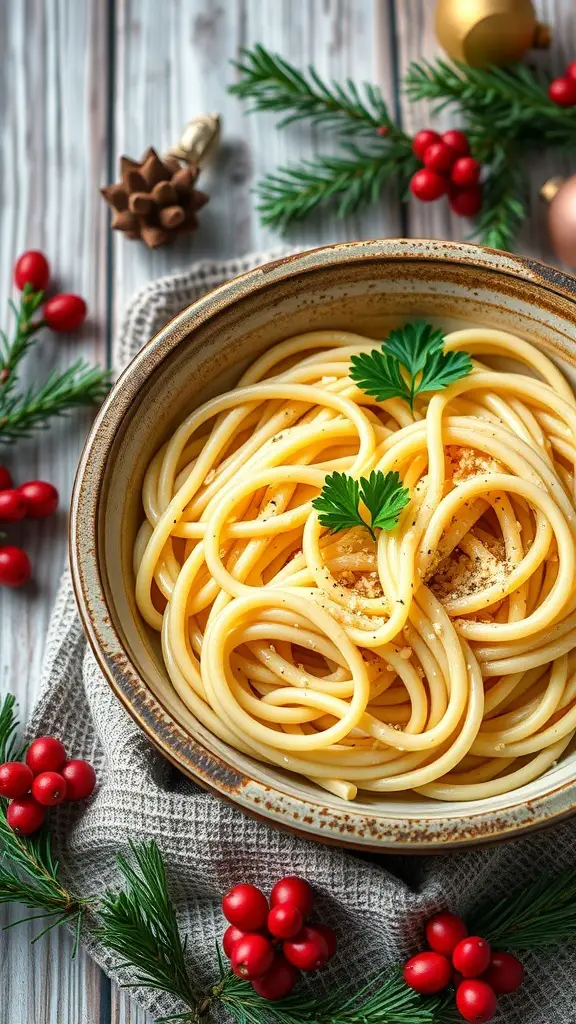 A bowl of creamy garlic parmesan fettuccine surrounded by festive decorations.