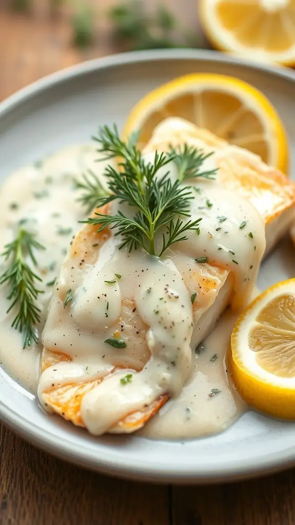 Tilapia fillet with lemon dill sauce, garnished with fresh dill and lemon slices