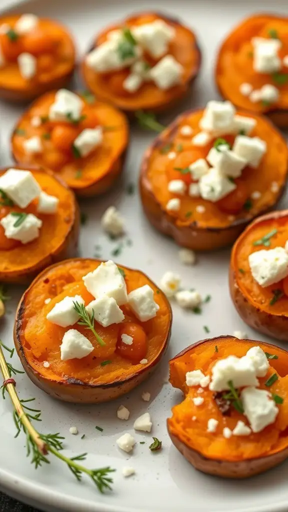 Sweet potato bites topped with feta cheese and herbs on a plate.