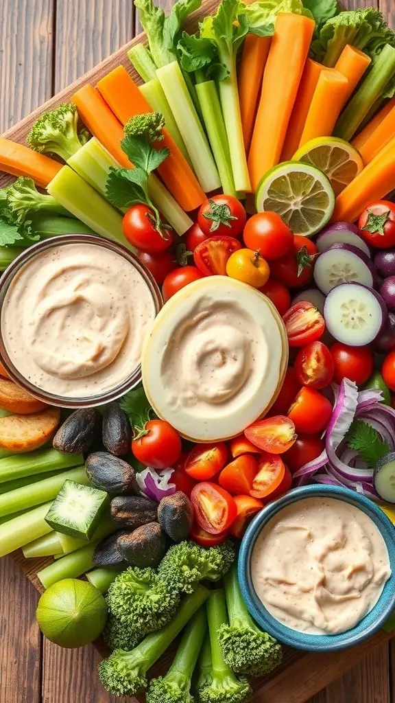 A colorful holiday veggie platter with various fresh vegetables and three bowls of dip.