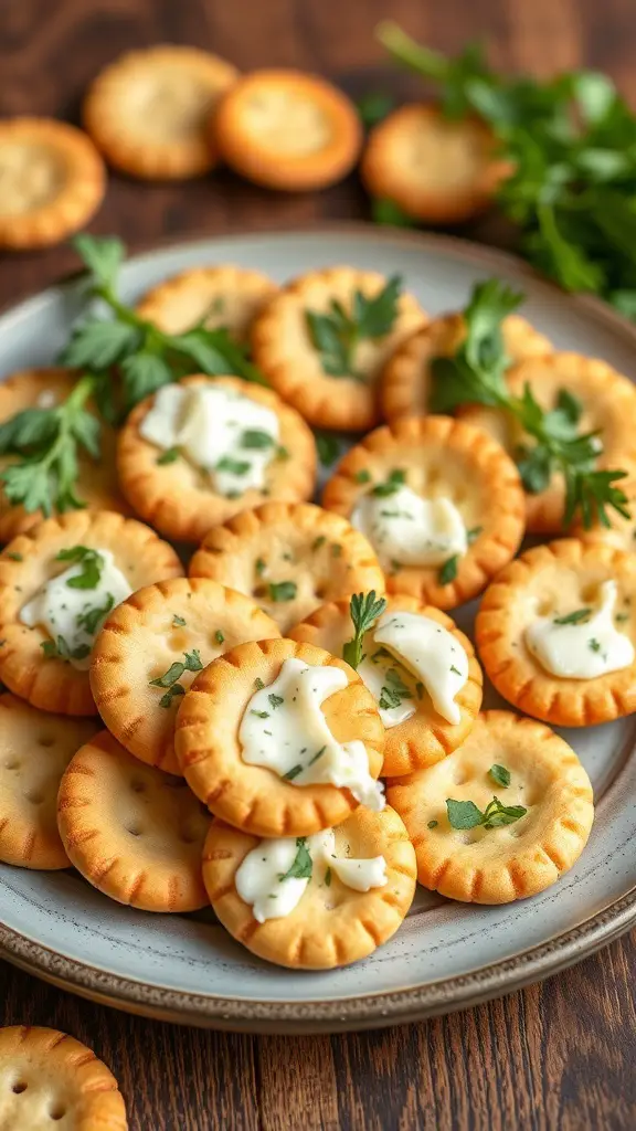A plate of Ritz crackers topped with cream cheese and herbs