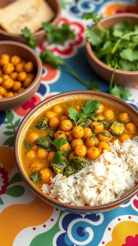 A bowl of chickpea and spinach curry served with rice, garnished with fresh cilantro.