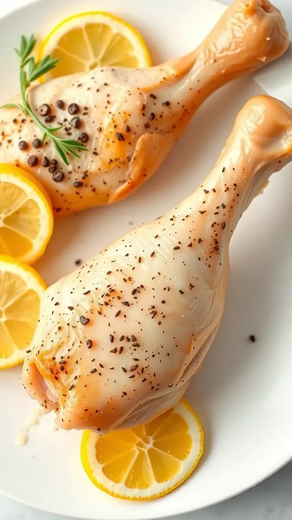 Lemon pepper seasoned turkey drumsticks with lemon slices on a plate