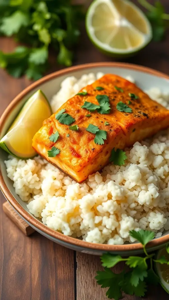 Curried salmon served on cauliflower rice with lime and cilantro