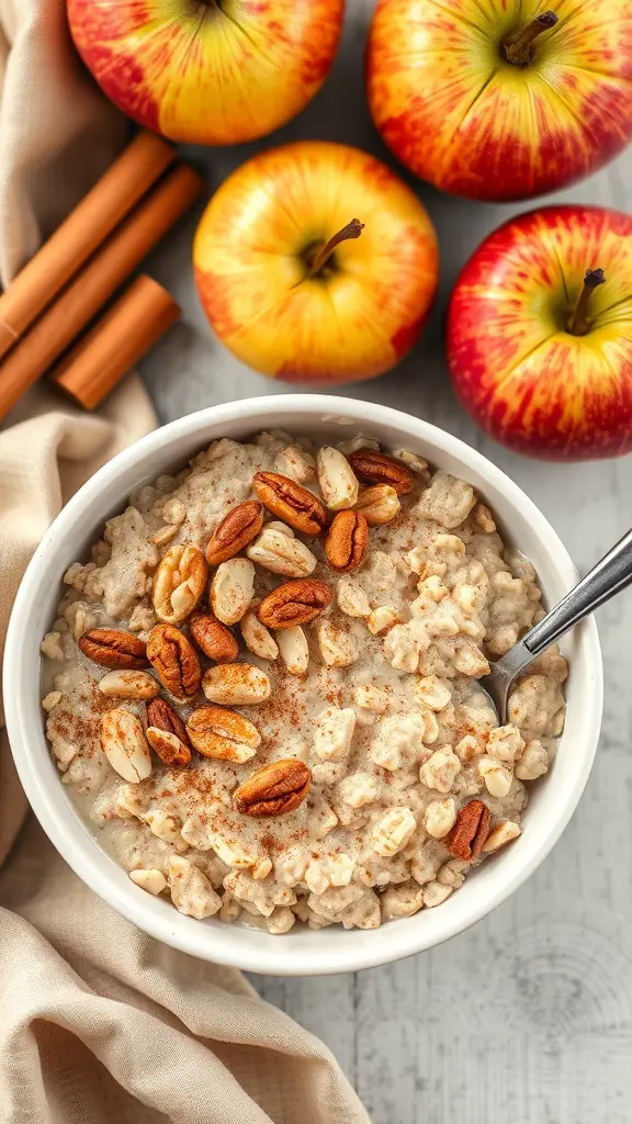 A bowl of apple cinnamon oatmeal topped with nuts, surrounded by fresh apples and cinnamon sticks.
