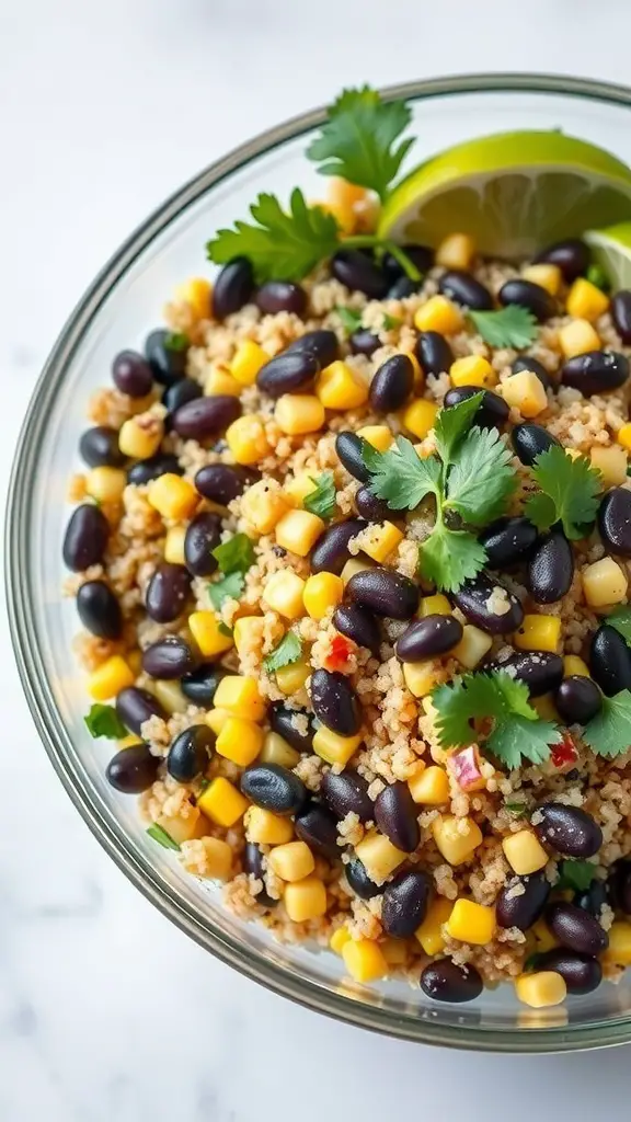 A colorful quinoa salad with black beans, corn, and cilantro in a glass bowl.
