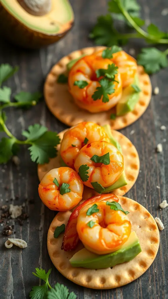 Chili Lime Shrimp and Avocado appetizers on Triscuit crackers