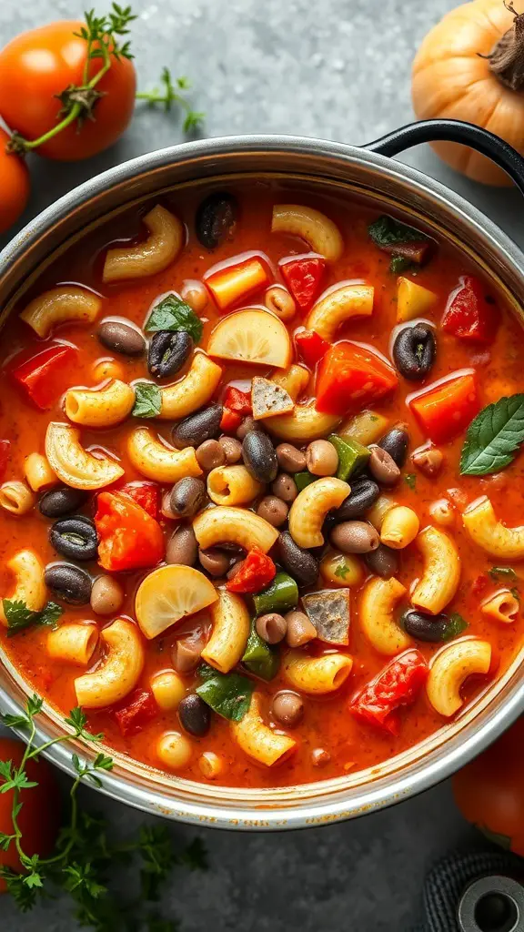 A pot of minestrone soup with macaroni, beans, and colorful vegetables.