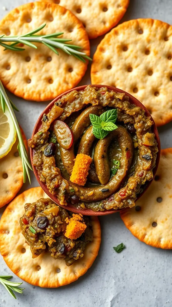 Mediterranean olive tapenade served in a bowl with Triscuit crackers