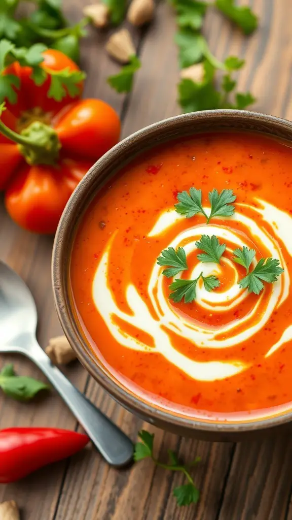 Bowl of roasted red pepper soup garnished with cilantro, surrounded by fresh peppers and herbs.