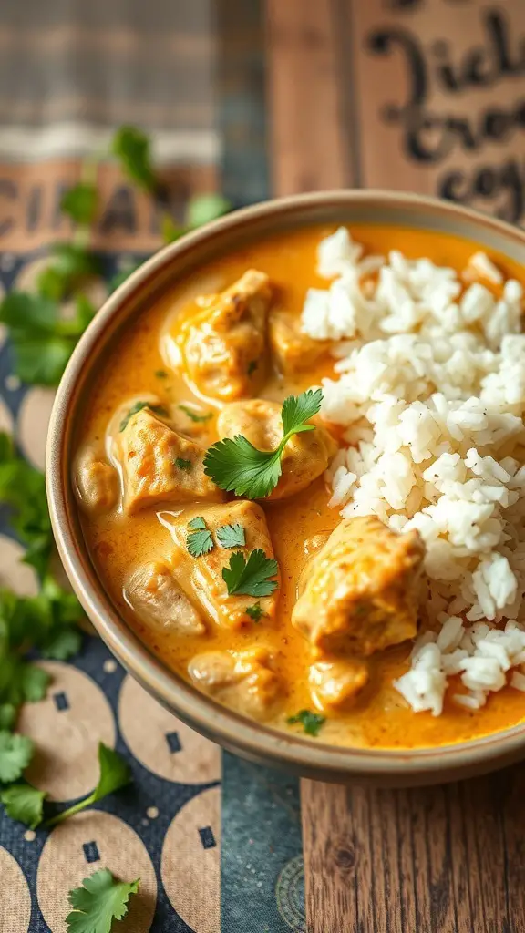 A bowl of turkey curry with coconut milk served with rice, garnished with cilantro.