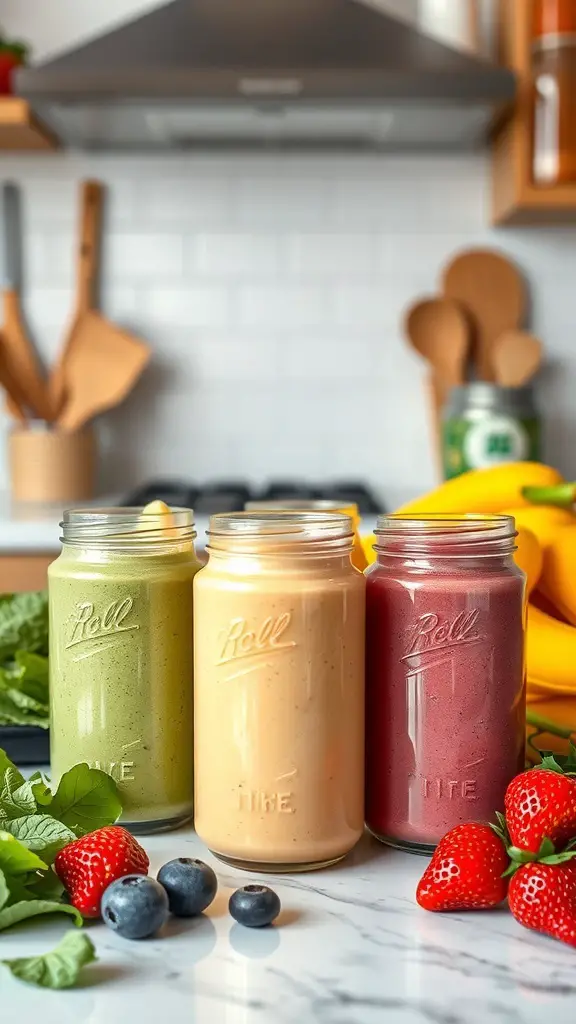 Three jars of colorful protein smoothies on a kitchen counter with fruits and greens around them.