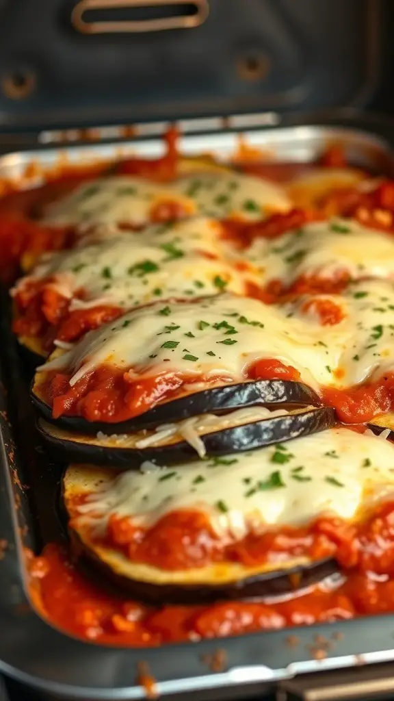 A close-up of Eggplant Parmesan Bake with layers of eggplant, marinara sauce, and melted cheese.