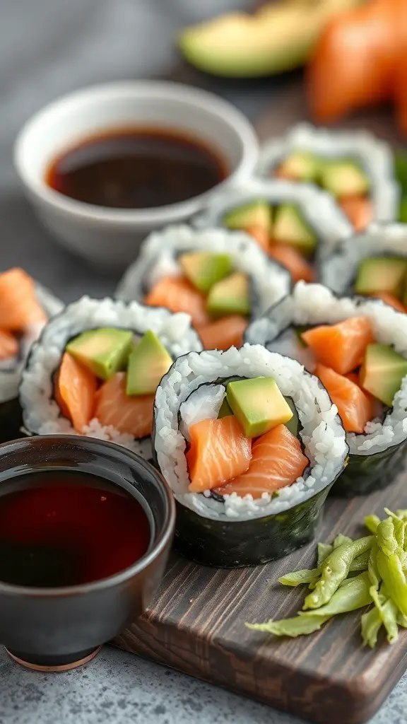 A close-up of salmon and avocado sushi rolls with soy sauce and wasabi on a wooden board.