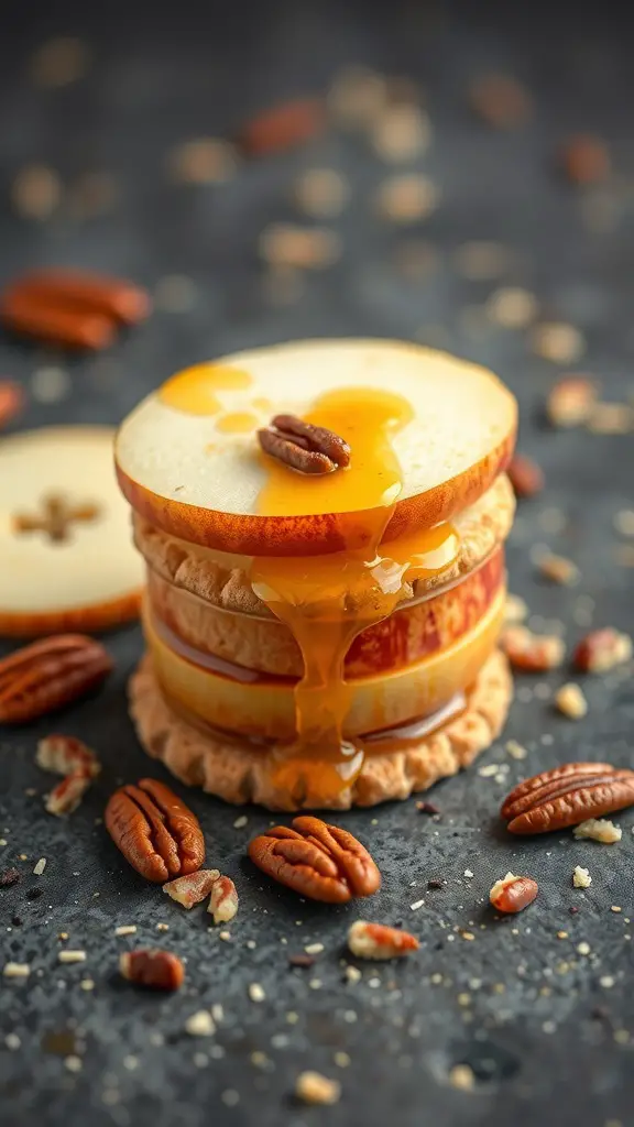 Apple and cheddar cheese stack with honey drizzle and pecans