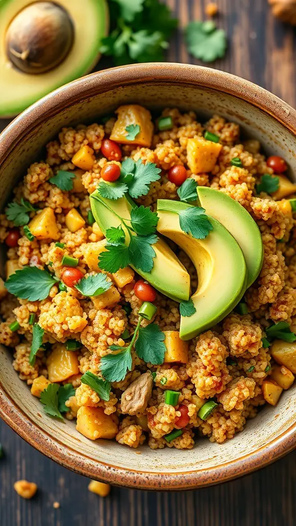 A colorful bowl of Southwestern Turkey and Quinoa Bake with avocado slices and cilantro on top.