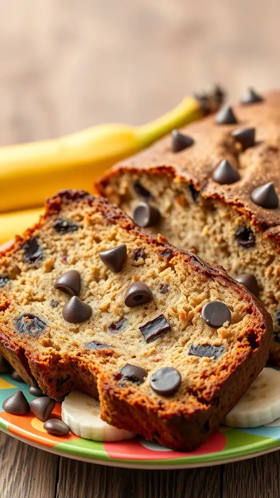 A loaf of chocolate chip banana bread with slices cut, surrounded by bananas and chocolate chips.