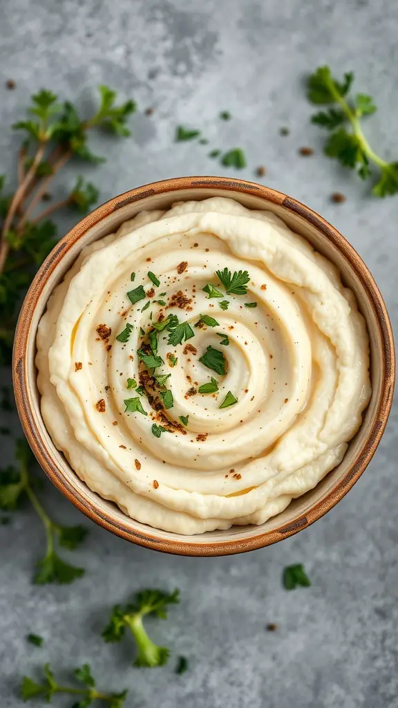Bowl of creamy cauliflower puree topped with parsley and seasoning