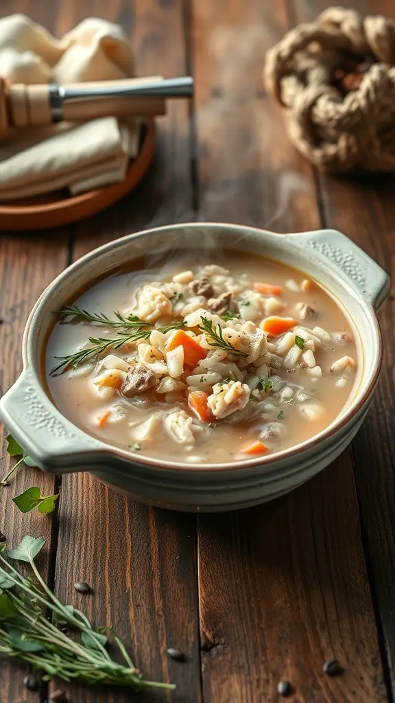A bowl of turkey and wild rice soup with vegetables, garnished with herbs, on a wooden table.