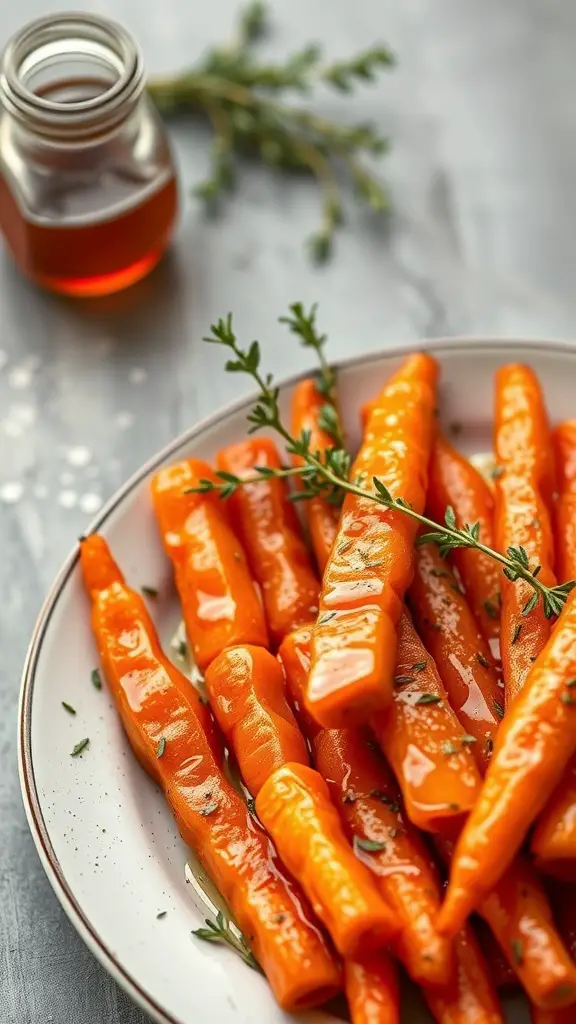 A plate of honey glazed carrots garnished with thyme, with a jar of honey in the background.
