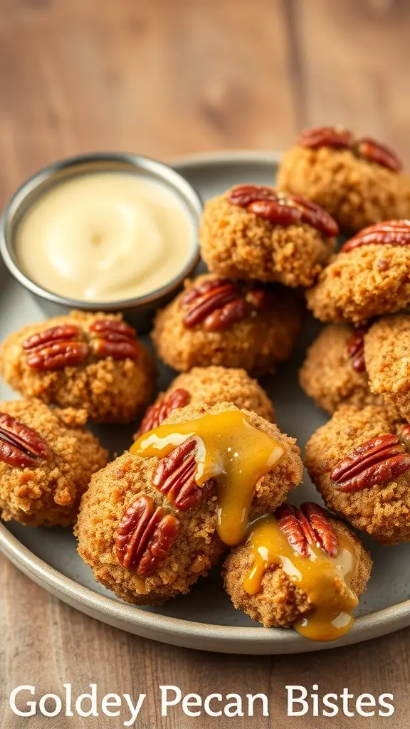 A plate of pecan-crusted chicken bites with a dipping sauce