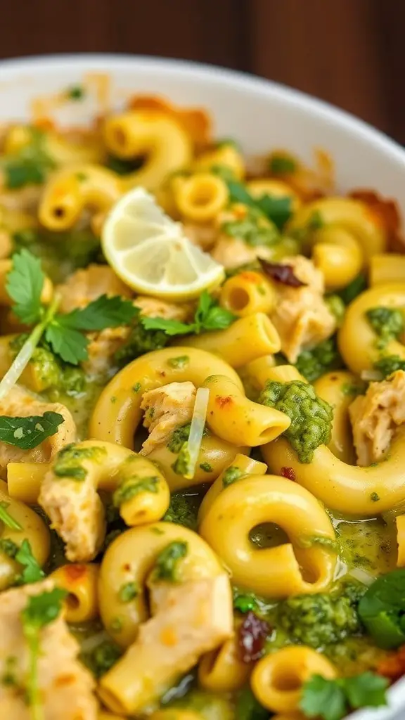 A delicious Pesto Chicken Macaroni Casserole with macaroni, chicken, and pesto sauce topped with herbs and lemon.