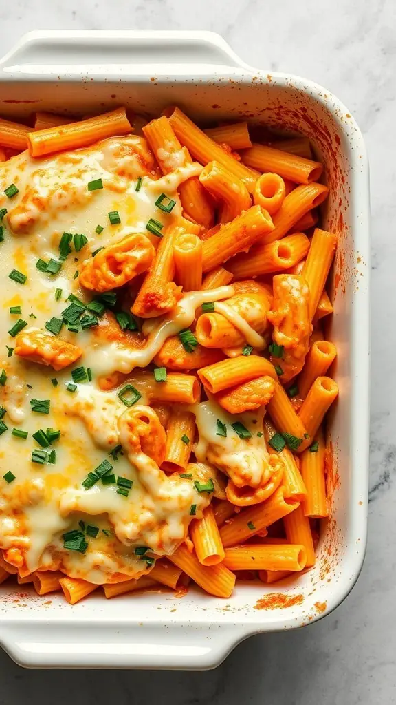A delicious Buffalo Chicken Rotini Bake with pasta, cheese, and green onions.