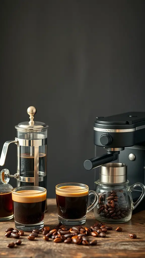 A stylish coffee brewing setup featuring a French press, espresso machine, and coffee beans, perfect for a holiday coffee bar.