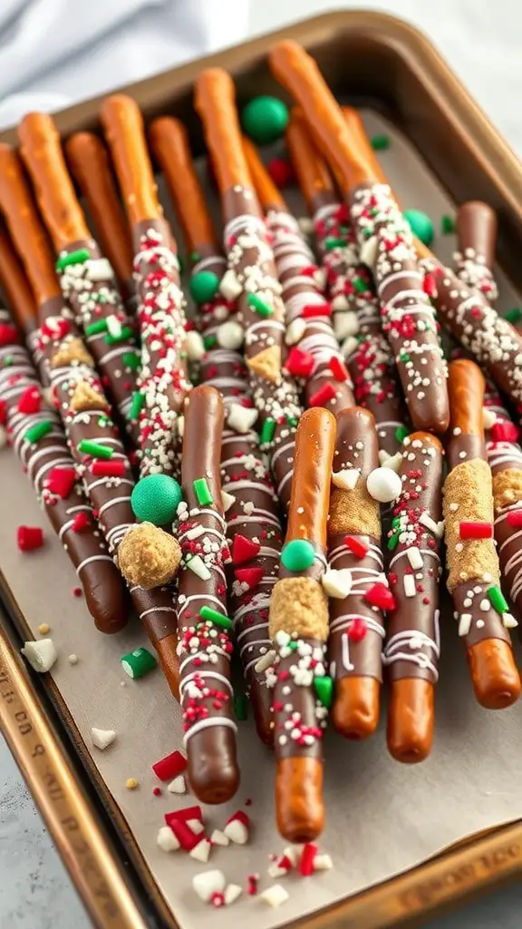 A tray of chocolate-dipped pretzel rods decorated with colorful sprinkles and toppings.