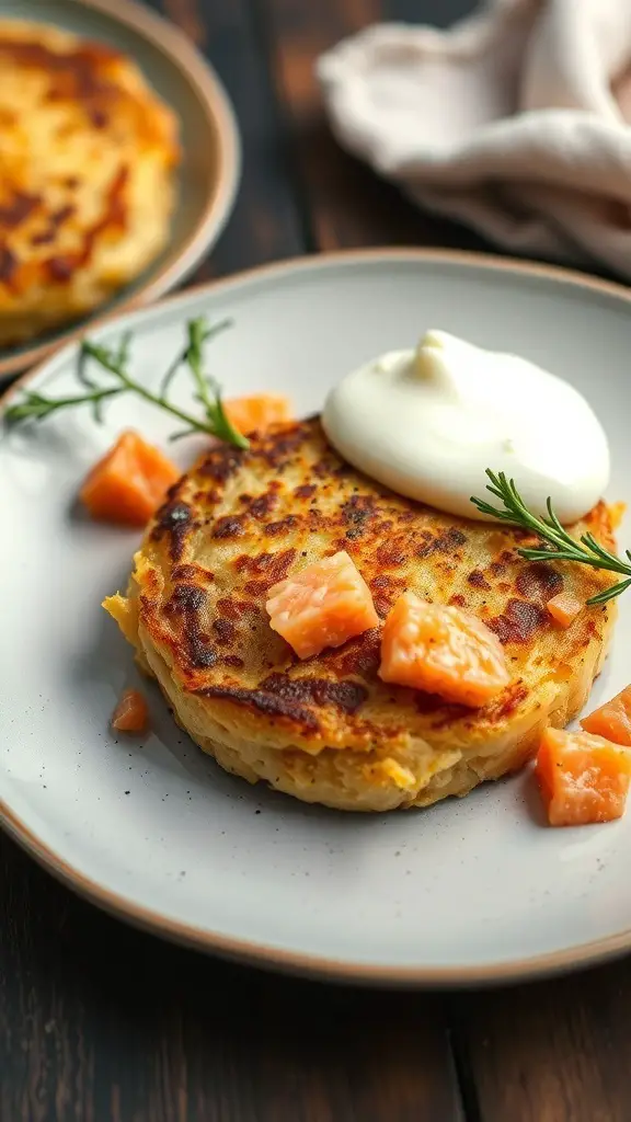 A plate of salmon and potato cakes garnished with fresh herbs and served with a dollop of sour cream.
