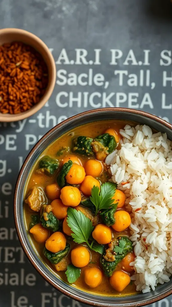 A bowl of chickpea and spinach curry served with rice, garnished with fresh herbs.