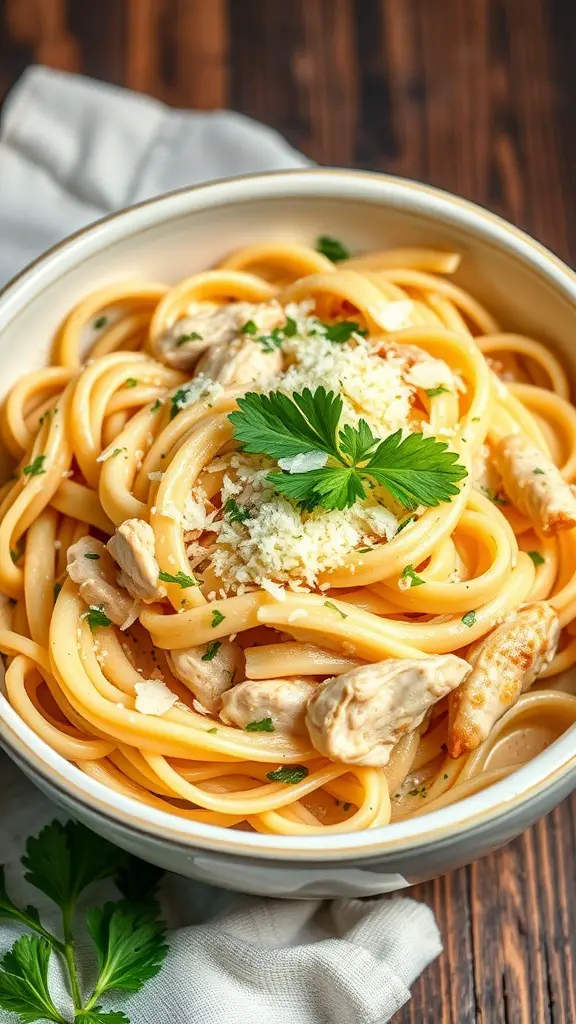 A bowl of creamy garlic chicken pasta with parsley and cheese on top.