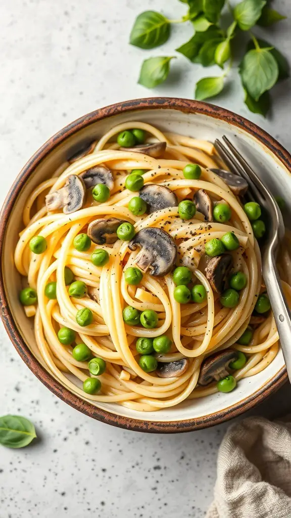 A bowl of fettuccine noodles with mushrooms and green peas, garnished with black pepper.