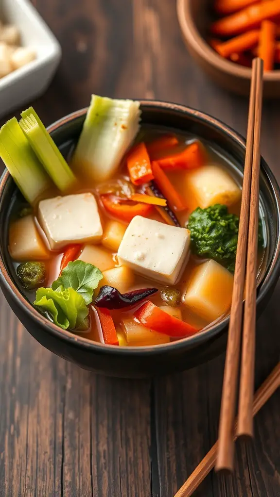 A bowl of Vegetable and Tofu Miso Soup with colorful vegetables and tofu cubes, chopsticks resting on the side.