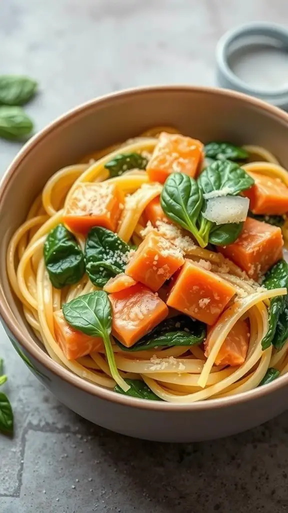 A bowl of creamy salmon pasta with spinach, featuring orange salmon pieces and green spinach on a bed of spaghetti.