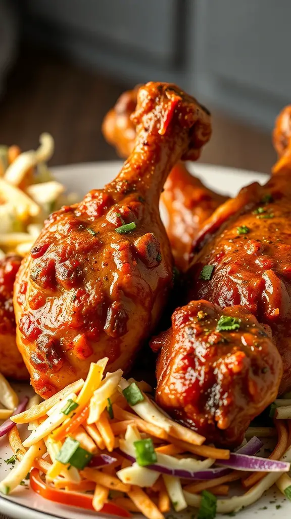 Spicy Cajun turkey drumsticks served with colorful slaw