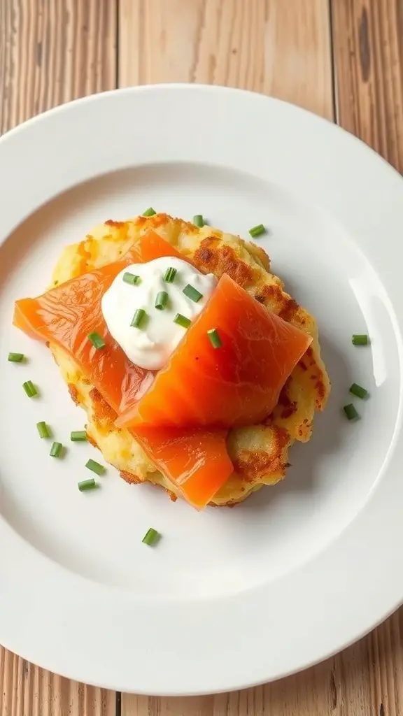 A plate of smoked salmon and potato cakes topped with sour cream and chives.