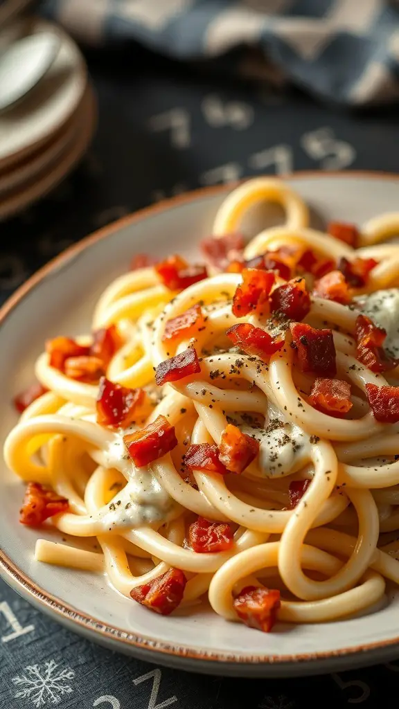 A plate of Bacon Alfredo Carbonara with crispy bacon bits on top