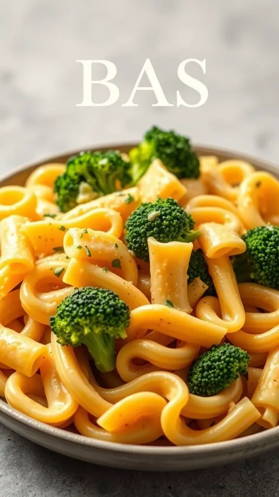 A bowl of fusilli pasta with broccoli and cheddar sauce