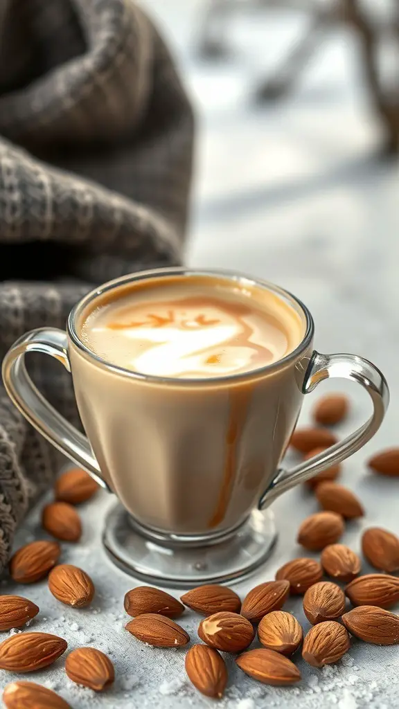 A warm Almond Milk Honey Latte in a glass cup, surrounded by almonds and a cozy blanket.