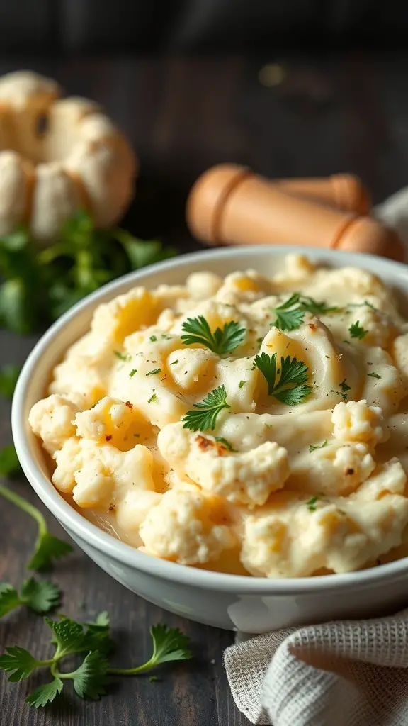 A bowl of roasted garlic mashed cauliflower garnished with parsley, with a pumpkin and herbs in the background.